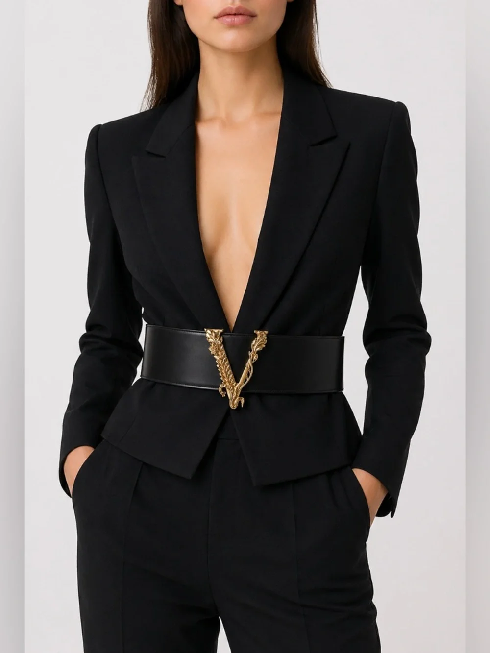 Versace Virtus Black Leather Waist Belt with Gold V Buckle - Picture 7 of 7